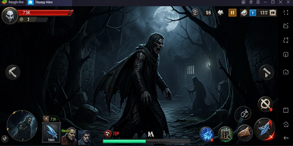 Screenshot menampilkan suasana menyeramkan di dalam game 73K.