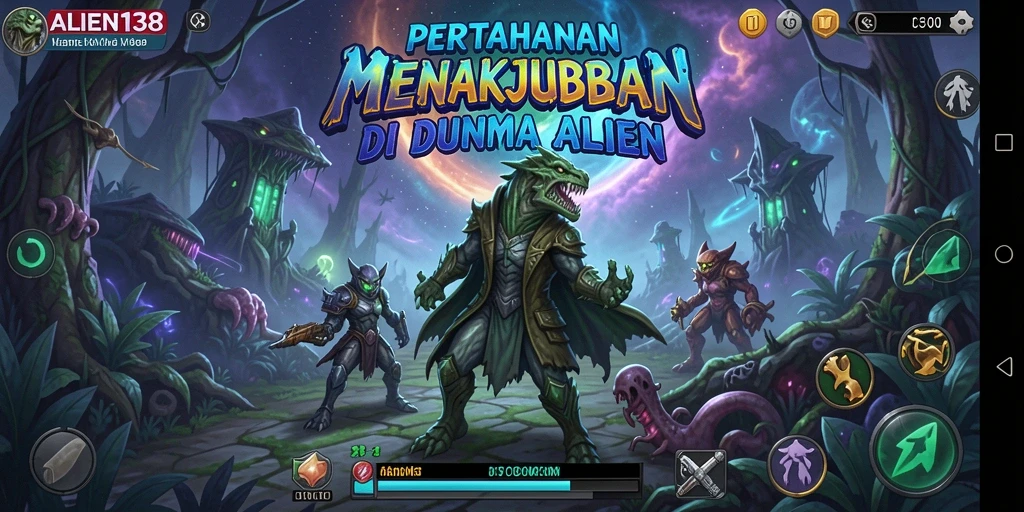 Screenshot utama ALIEN138 menampilkan aksi strategi dalam Tower Defense yang mendebarkan.