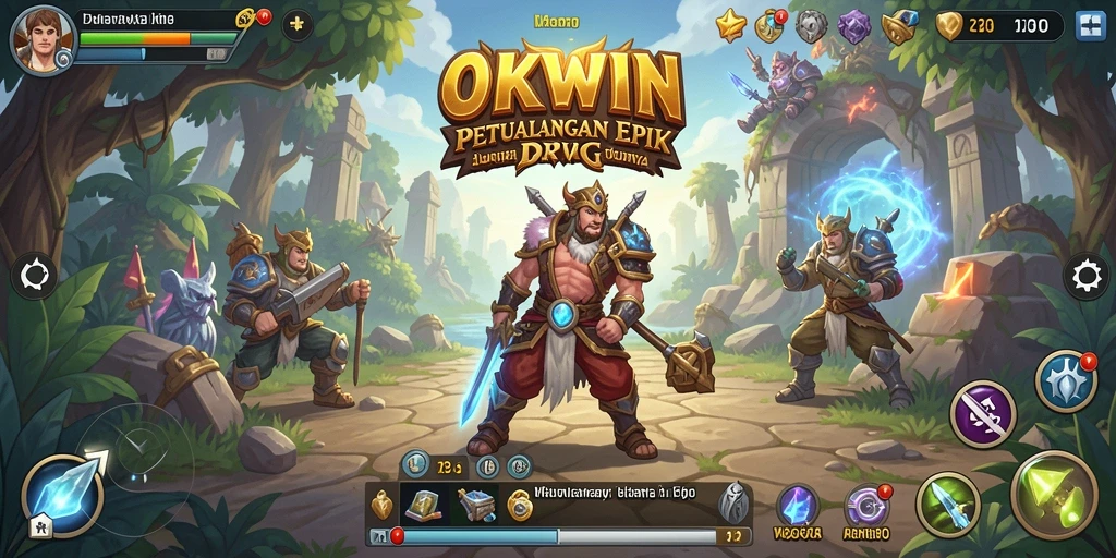 Tangkapan layar utama OKWIN menampilkan aksi petualangan RPG yang mendebarkan.