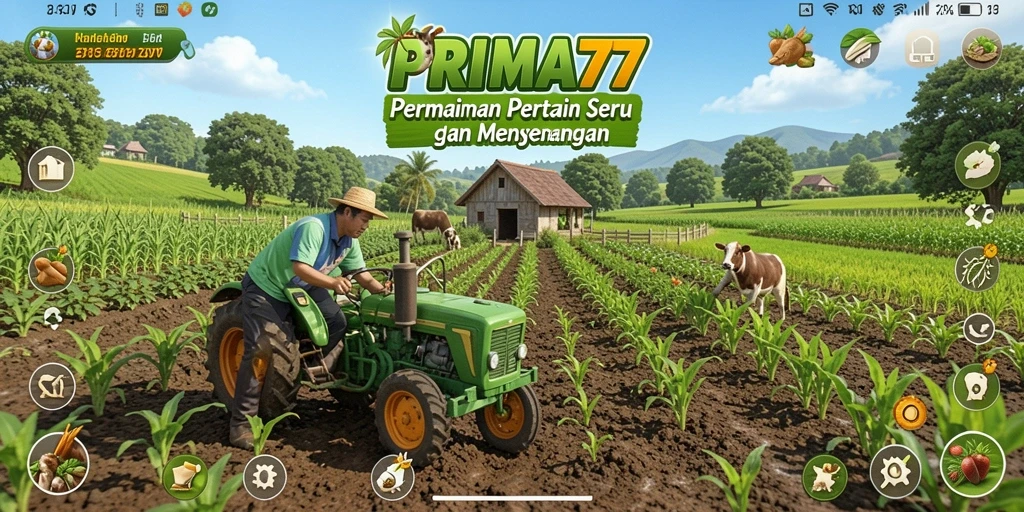 Screenshot gameplay PRIMA77 yang menunjukkan aktivitas pertanian yang seru.