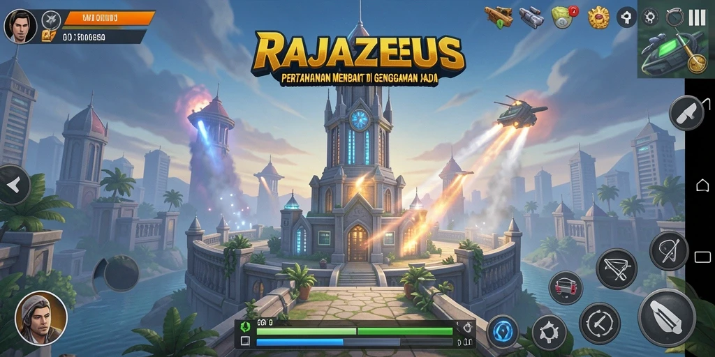Tangkapan layar gameplay RAJAZEUS yang menunjukkan pertahanan menara yang kuat.