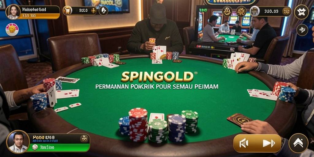 Screenshot permainan SPINGOLD dengan tampilan meja poker yang menarik.